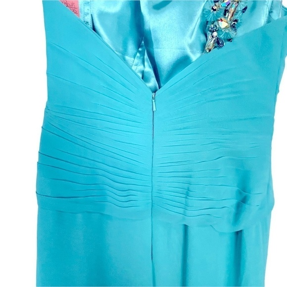 TONY BOWLS BEADED ONE SHOULDER HIGH SLIT CASCADE TRAIN PROM PAGEANT FORMAL GOWN - Picture 9 of 16